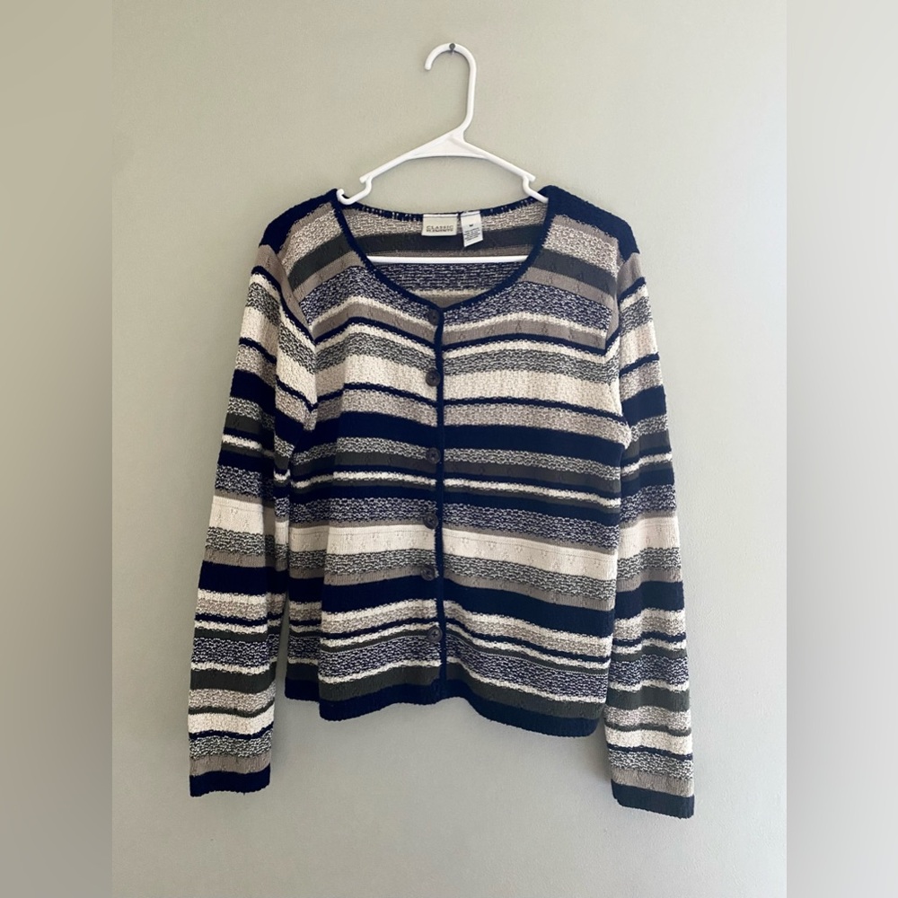 ClASSIC ELEMENTS Medium Women's Striped Cardigan - Navy, Green, Tan, Cream